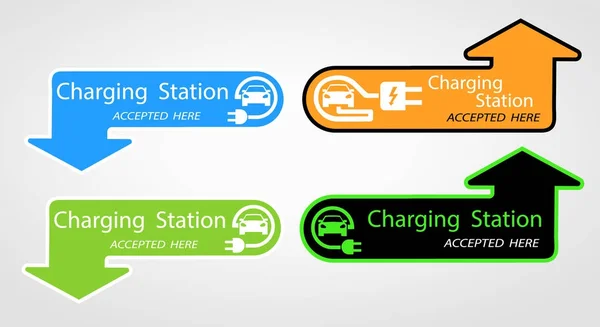 Laden für Elektroautos für zu Hause. der Zeiger, wo er sich befindet. Logo-Straßenschild-Vorlage für Elektrofahrzeuge. Vektorillustration eines minimalistischen flachen Designs — Stockvektor