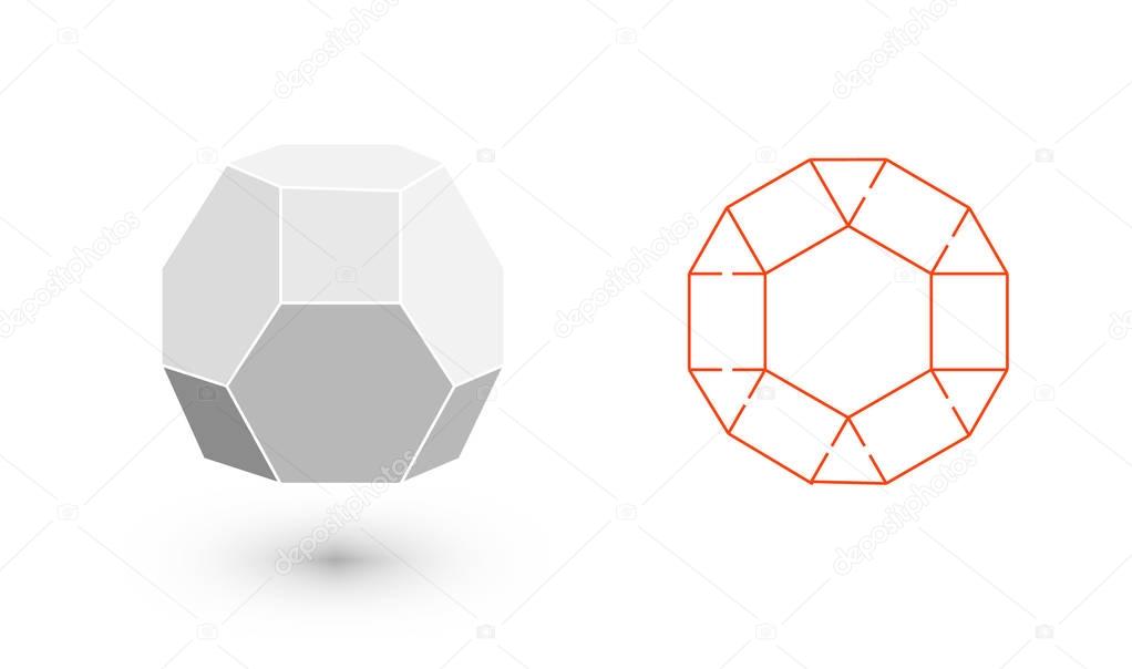 Truncated octahedron is a geometric figure. Hipster Fashion minimalist design. Film solid bodies. Truncated octahedron flat design vector illustration, fine art line. Vector illustration