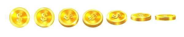 Gouden munten set geïsoleerd op wit in verschillende posities — Stockvector