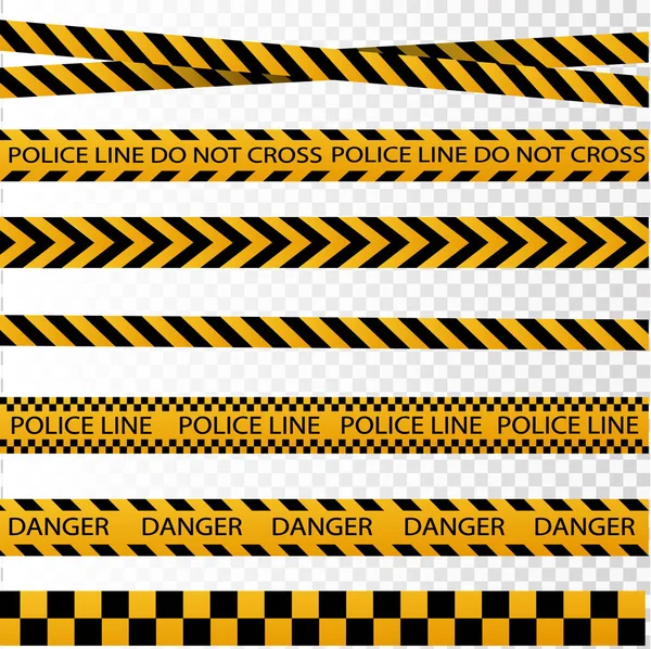 Negro y amarillo borde de la banda de la policía, construcción, precaución peligro cintas sin costura vector conjunto — Vector de stock