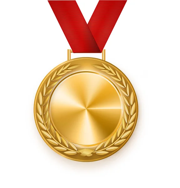 Διάνυσμα χρυσό μετάλλιο με μια κόκκινη κορδέλα. Δάφνινο στεφάνι. Βραβείο για τη νίκη. Νικητής. — Διανυσματικό Αρχείο
