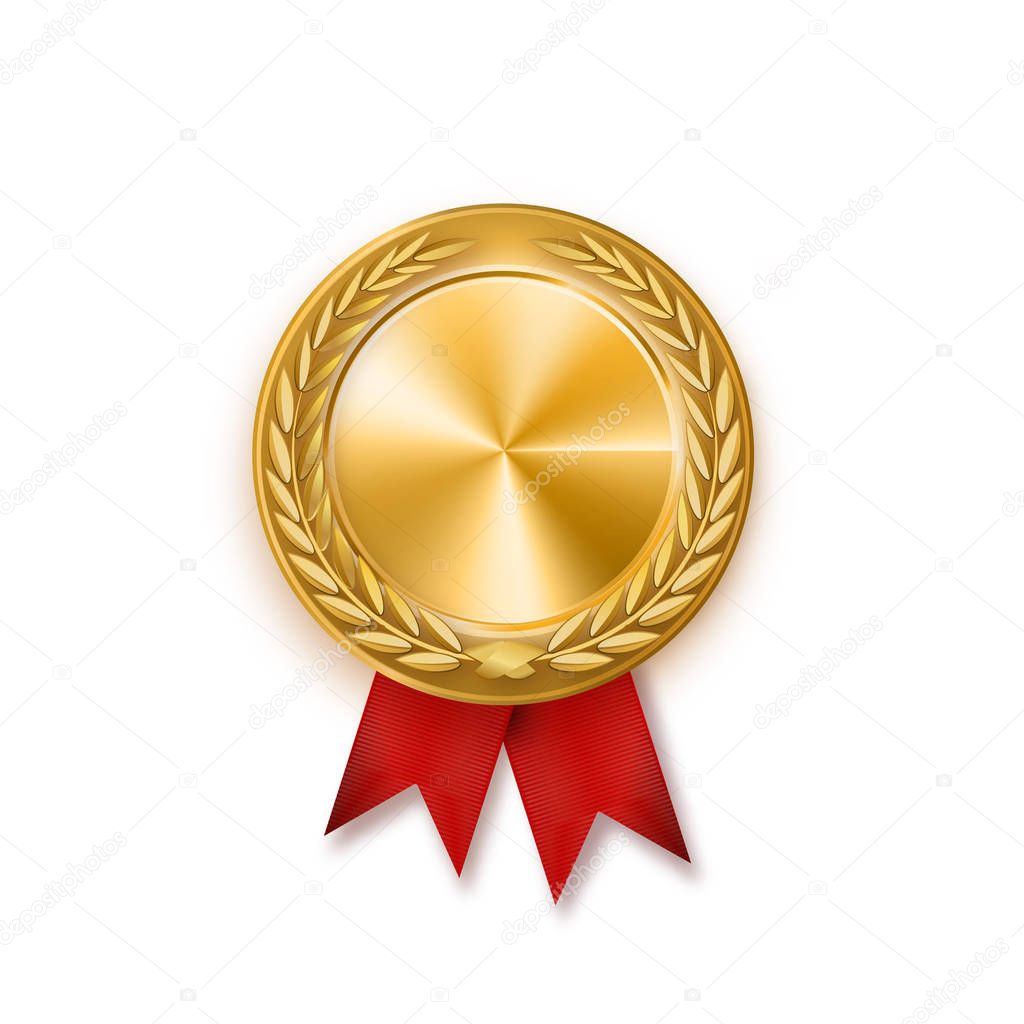 Gold medal with red ribbon. Metallic winner award. Vector illustration.