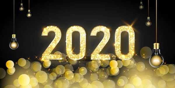 Feliz Año Nuevo 2020 - Año Nuevo Fondo brillante con reloj de oro y brillo . — Archivo Imágenes Vectoriales