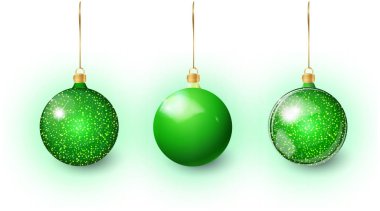 Beyaz arka planda izole edilmiş yeşil Noel oyuncağı seti. Noel süslemeleri. Noel tasarımı için vektör nesne, maket. Vektör gerçekçi nesne 10 Eps