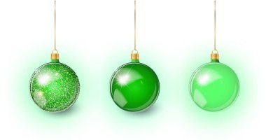 Beyaz arka planda izole edilmiş yeşil Noel oyuncağı seti. Noel süslemeleri. Noel tasarımı için vektör nesne, maket. Vektör gerçekçi nesne 10 Eps