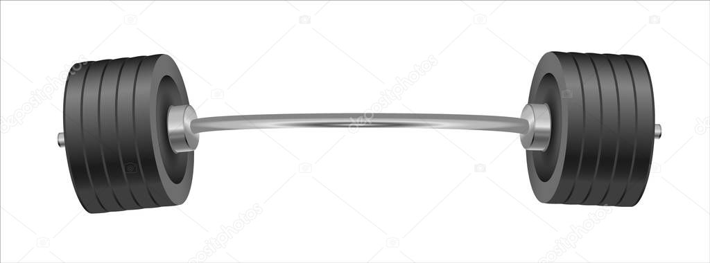 Beautiful realistic fitness vector front view of an olympic barbell with black iron plates on white background.