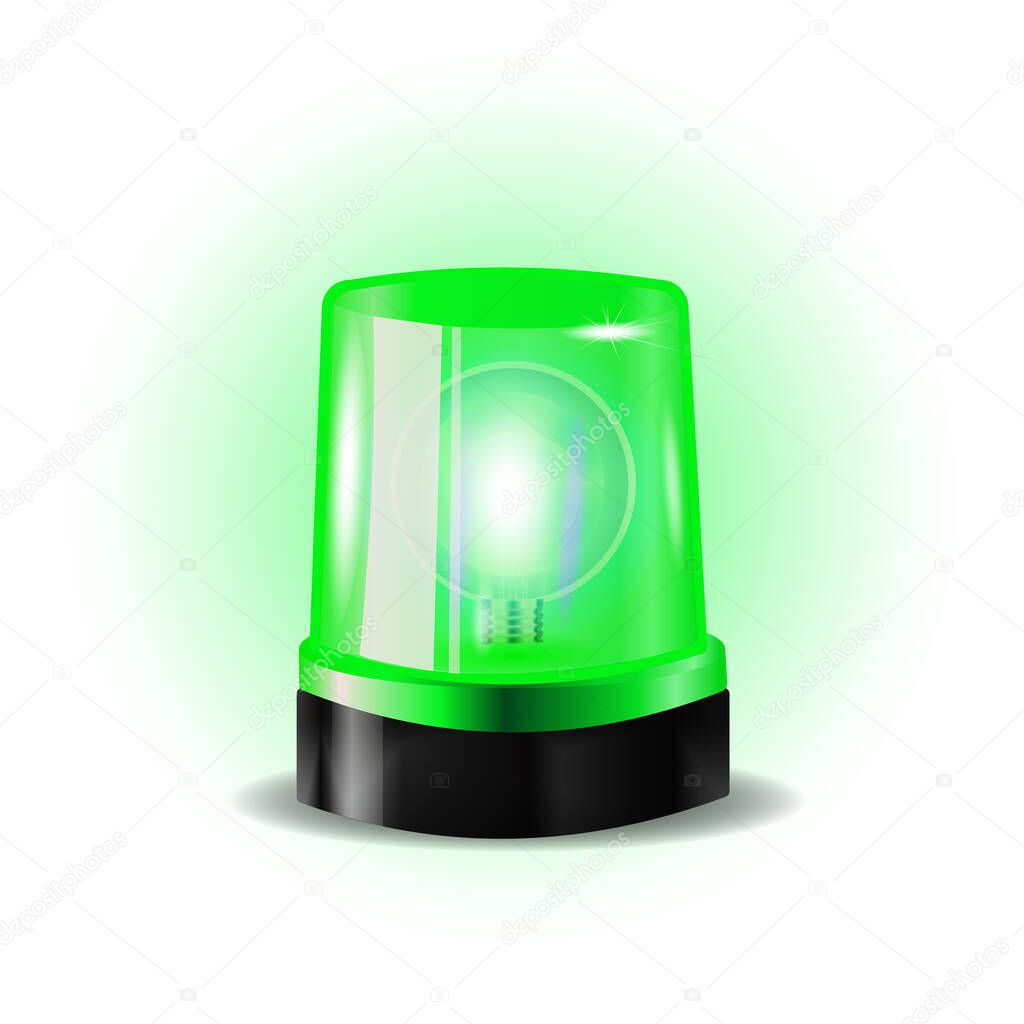 Green flashers Siren Vector. Realistic Object. Light Effect. Beacon For Police Cars Ambulance, Fire Trucks. Emergency Flashing Siren.