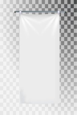 Gerçekçi beyaz reklam tekstil bayrakları ve pankartlar vektörü. Şeffaf Becgraund reklamları için bayrak afişi ve kumaş bezi posteri..