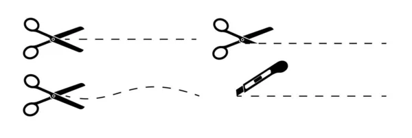 Conjunto de tesoura e faca de papelaria com linhas de corte. Tesoura com linhas de corte, ícone de corte de cupom. Isolado sobre fundo transparente — Vetor de Stock