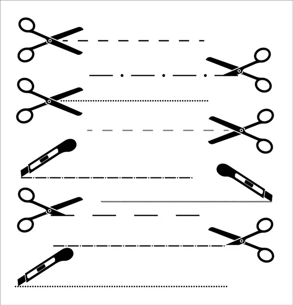 Ícone de corte de papel com linha pontilhada. Tesoura vetorial com linhas de corte. Conjunto vetorial de tesouras de corte . — Vetor de Stock