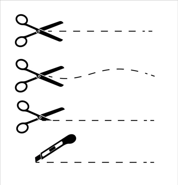 Tijeras con líneas cortadas aisladas sobre fondo blanco. Icono de corte de papel con línea de puntos. Tijeras vectoriales con líneas cortadas. Conjunto vectorial de tijeras de corte . — Archivo Imágenes Vectoriales