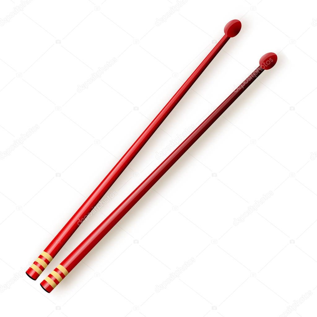 Vector illustration. Crossed red wooden drumsticks. Percussion musical instrument. Rock or jazz equipment. Isolated on white background
