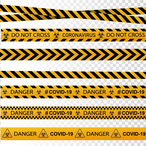 Señal de advertencia de Coronavirus en un triángulo e ilustración de vector de cinta de advertencia. Coronavirus en Europa. Brote de virus chino. Epidemia mundial de COVID-2019 . — Vector de stock