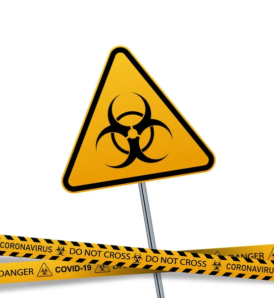 Coronavirus warning sign in a triangle and warning tape vector illustration. Coronavirus in Europe. Chinese virus outbreak. Global epidemic of COVID-2019. — Stock Vector