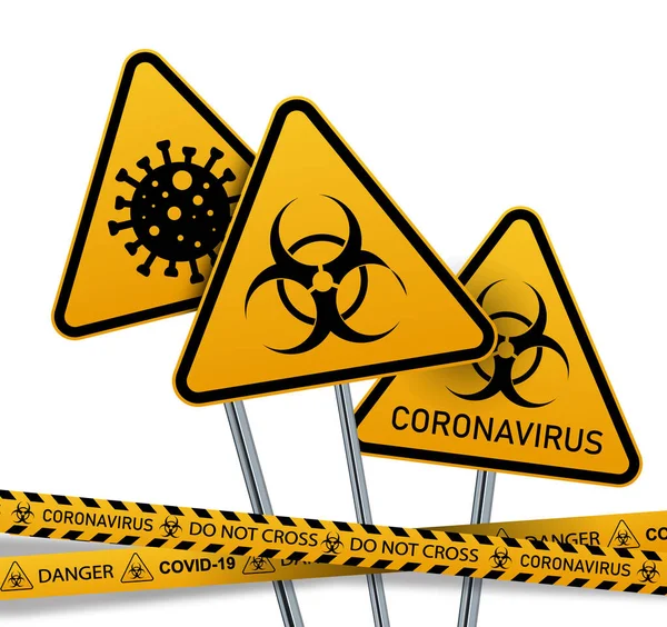Coronavirus warning sign in a triangle and warning tape vector illustration. Coronavirus in Europe. Chinese virus outbreak. Global epidemic of COVID-2019. — Stock Vector