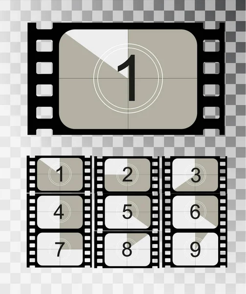 Movie countdown, vintage silent film and blank full frame still photography film realistic thirty five millimeters proportions, set of icons — Stock Vector