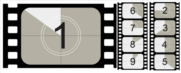 Conto alla rovescia per film, film muto vintage e film fermo immagine in bianco e nero realistico trentacinque millimetri proporzioni, set di icone — Vettoriale Stock