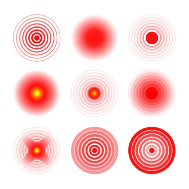 Acı kırmızı çember ya da yerelleştirme işareti, ağrıyan yer işareti, acının soyut sembolü, hassas nokta ya da yaralı vücut parçası işareti, ağrı kesici reklamlar ve tıbbi bilgi afişleri için dizayn unsuru
