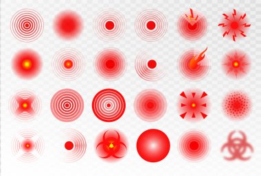 Acı yerelleştirme işareti, acının soyut sembolleri. Kırmızı daireler insan acısını işaretlemek için. Baş ağrısı, yaralanmış vücut parçası işaretleyici, kas eklem ağrısı
