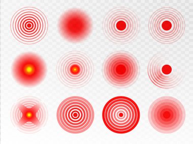 Acının kırmızı halkaları, insan vücudunun farklı yerlerindeki acıyı gösteriyor. Sırtı, boynu, başı, sırtı ve diğerleri gibi. Acı kırmızı çember ya da yer belirleme işareti. Vektör simgesi ayarlandı.