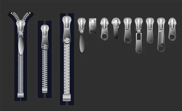 Fermetures métalliques et plastiques, fermetures éclair. Composants de vêtement et accessoires de sac à main ensemble vectoriel. Fermeture et fermeture à glissière isolées, illustration réaliste d'accessoires à glissière — Image vectorielle