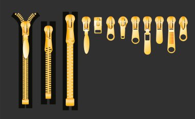 Fermuar çeker. Metal fermuarlar, kumaş çekişi, kumaş tokası ve fermuar. Tekstil fermuarı, kumaş fermuarları ya da plastik fermuar açıcı. İzole edilmiş 3 boyutlu gerçekçilik .