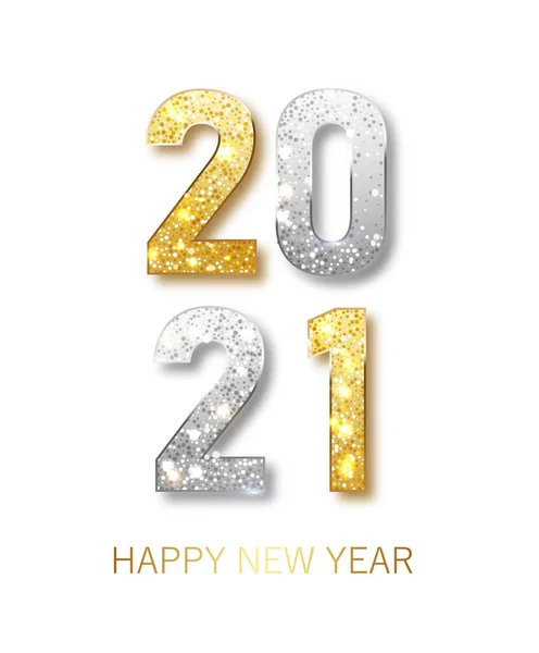 2021 Felice anno nuovo. Felice anno nuovo banner con oro numeri metallici data 2021 — Vettoriale Stock
