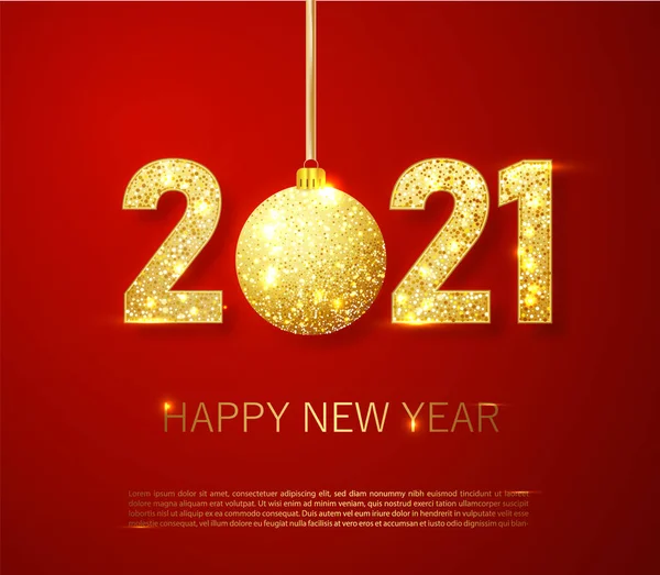Realistic 2021 golden numbers and festive try toy on red background. Vector holiday illustration. Happy New 2021 Year. New year ornament. Decoration element with tinsel — Stock Vector