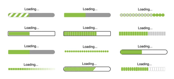 Iconos de progreso de la barra de carga, signo de carga ilustración vector verde. Actualización y actualización de software del sistema . — Vector de stock