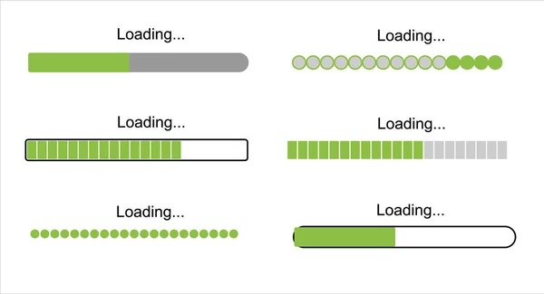 Iconos de progreso de la barra de carga, signo de carga ilustración vector verde. Actualización y actualización de software del sistema . — Vector de stock