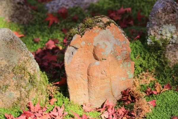 Podzimní listy z Adashino Nenbutsu-ji z socha Buddhy — Stock fotografie