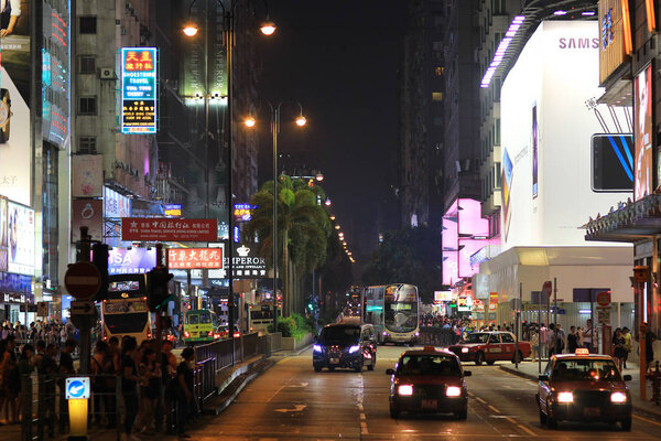 The signs, people and tram on Nathan Road in Kowloon