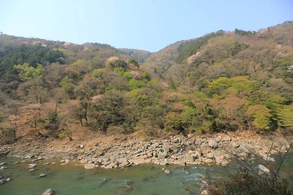 View of mountains and river from the Romantic Train outside of K — Stock Photo, Image