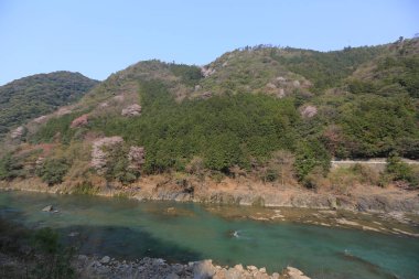 Arashiyama dağın Kyoto önünde Katsura Nehri