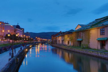 Gece çekimi eski kanal Otaru, Japonya