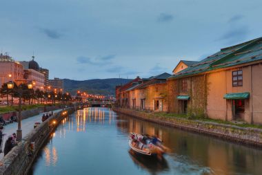 Gece çekimi eski kanal Otaru, Japonya