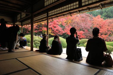 Turistler ve oturup gözlemlemek Shisen-do Bahçe sonbahar mevsimi