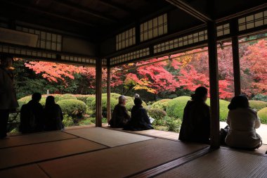 Turistler ve oturup gözlemlemek Shisen-do Bahçe sonbahar mevsimi