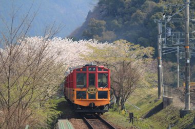 Kameoka Torokko istasyonu Kyoto, eski tren. 