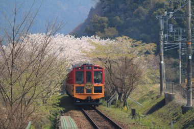 Kameoka Torokko istasyonu Kyoto, eski tren. 
