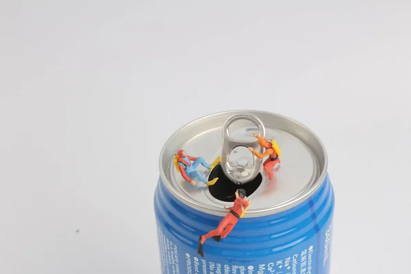 Fun of little diver on the sold drink can — Stock Photo, Image