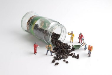 bir çay yaprağı ve minyatür çalışma insan figürü