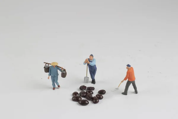 A mini people working on roasted coffee beans — Stock Photo, Image