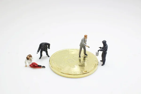 Thief Hacker Figure Stealing Bitcoins — Stock Photo, Image