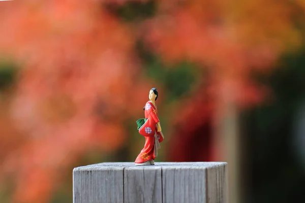 Uma boneca da figura japnese no exterior no outono — Fotografia de Stock