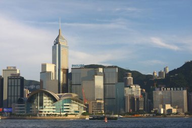 Victoria Limanı ve Hong Kong silueti gün batımında. 2 Ağustos 2008