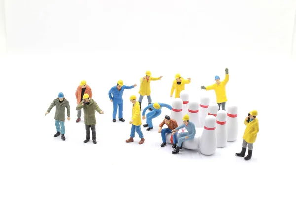 Mini Worker Figure Bowling Pins — Stock Photo, Image