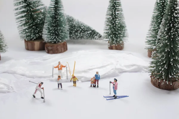 Les Skieurs Miniatures Profitent Des Plaisirs Hivernaux — Photo