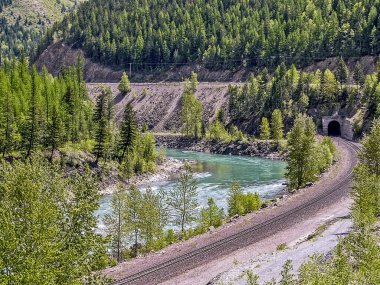 Düz Kafalı Nehir 'in güzel renkleri tren rayları boyunca kıvrılıyor.