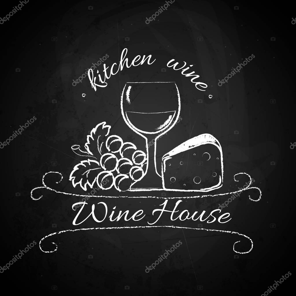Wine house logo, label, badge template for bar, wine company, tavern, market, shop.Glass, grape, cheese on chalkboard. Black background. Vintage style. Vector illustration.